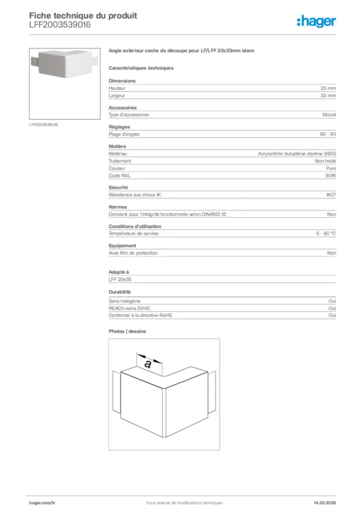Image Hager Fiche technique du produit LFF2003539016 | Hager France