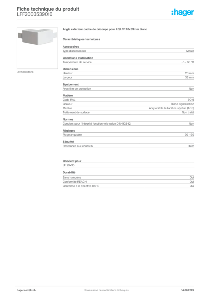 Image Hager Fiche technique du produit LFF2003539016 | Hager Suisse