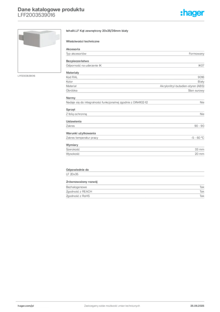 Zdjęcie Hager Dane katalogowe produktu LFF2003539016 | Hager Polska