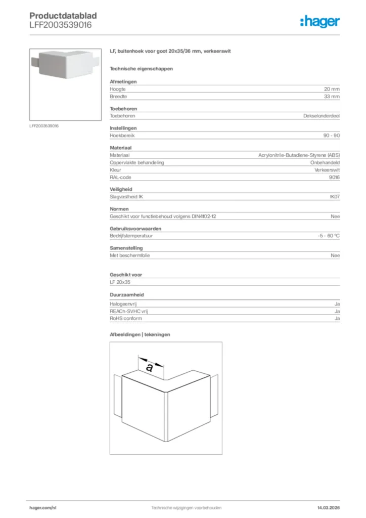 Afbeelding Hager Productdatablad LFF2003539016 | Hager Nederland