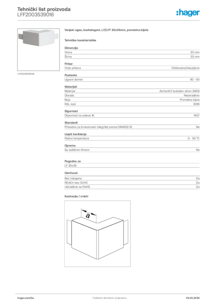 Slika Hager Tehnički list proizvoda LFF2003539016  | Hager