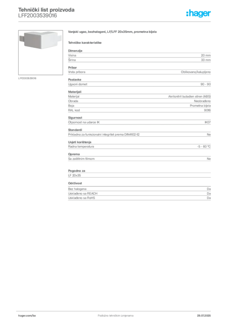 Slika Hager Product data sheet LFF2003539016  | Hager