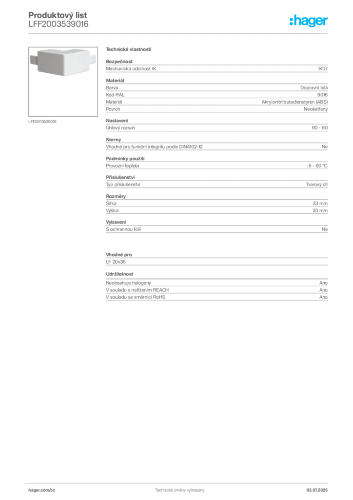 Obrázek Hager Produktový list LFF2003539016 | Hager