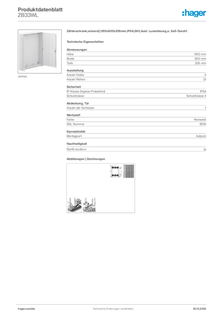 Bild Hager Produktdatenblatt ZB33WL | Hager Deutschland