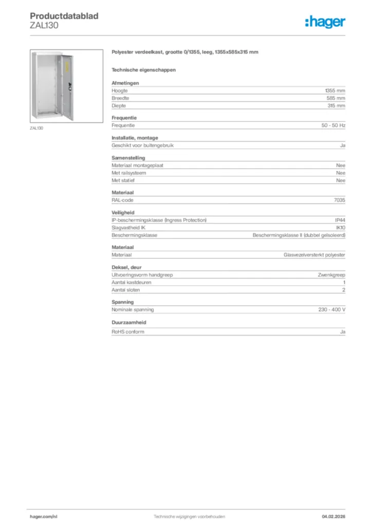 Afbeelding Hager Productdatablad ZAL130 | Hager Nederland