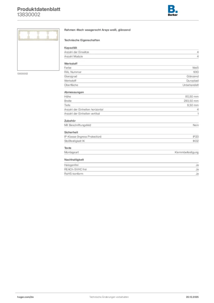 Bild Berker Produktdatenblatt 13830002 | Hager Deutschland