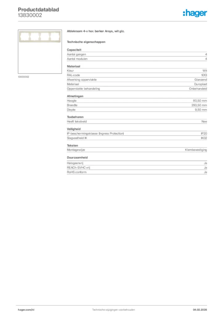 Afbeelding Hager Productdatablad 13830002 | Hager Nederland