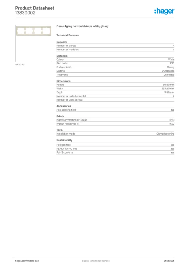 Image Hager Product data sheet 13830002  | Hager