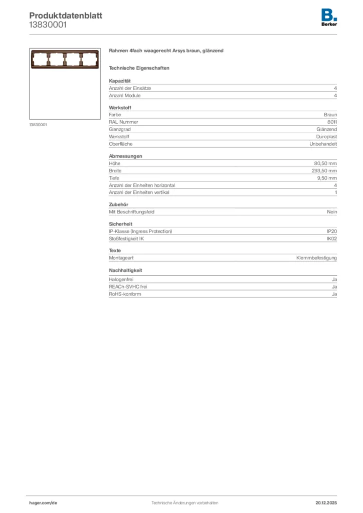Bild Berker Produktdatenblatt 13830001 | Hager Deutschland