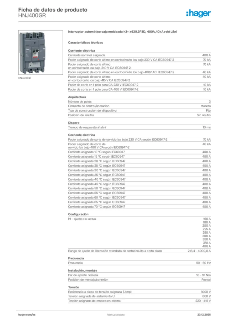 Imagen Hager Ficha de datos de producto HNJ400GR | Hager España