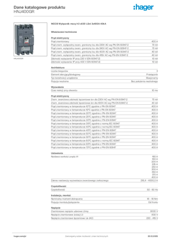 Zdjęcie Hager Dane katalogowe produktu HNJ400GR | Hager Polska