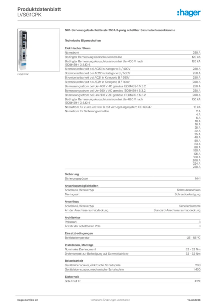 Bild Hager Produktdatenblatt LVSG1CPK | Hager Schweiz