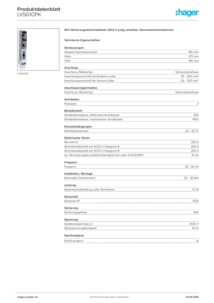 Bild Hager Produktdatenblatt LVSG1CPK | Hager Schweiz