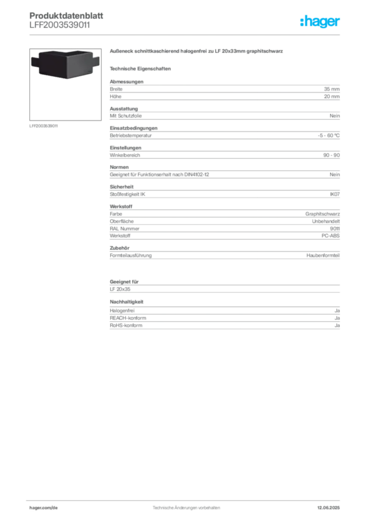Hager Produktdatenblatt LFF2003539011