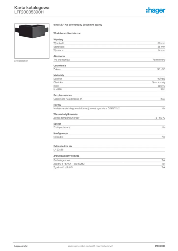 Zdjęcie Hager Karta katalogowa LFF2003539011 | Hager Polska