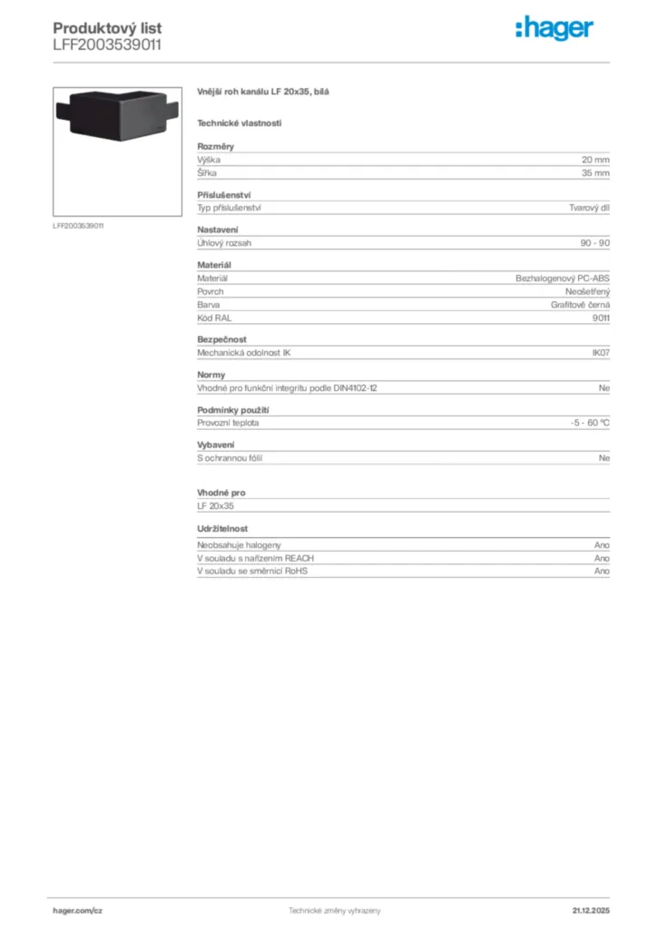 Obrázek Hager Produktový list LFF2003539011 | Hager