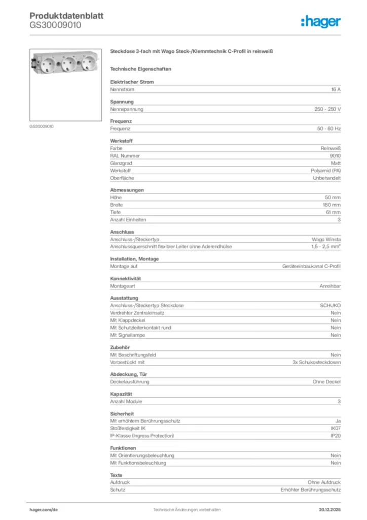 Bild Hager Produktdatenblatt GS30009010 | Hager Deutschland