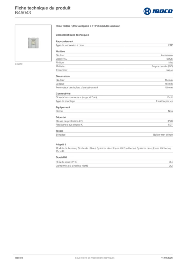 Image Iboco Fiche technique du produit B45043 | Hager France