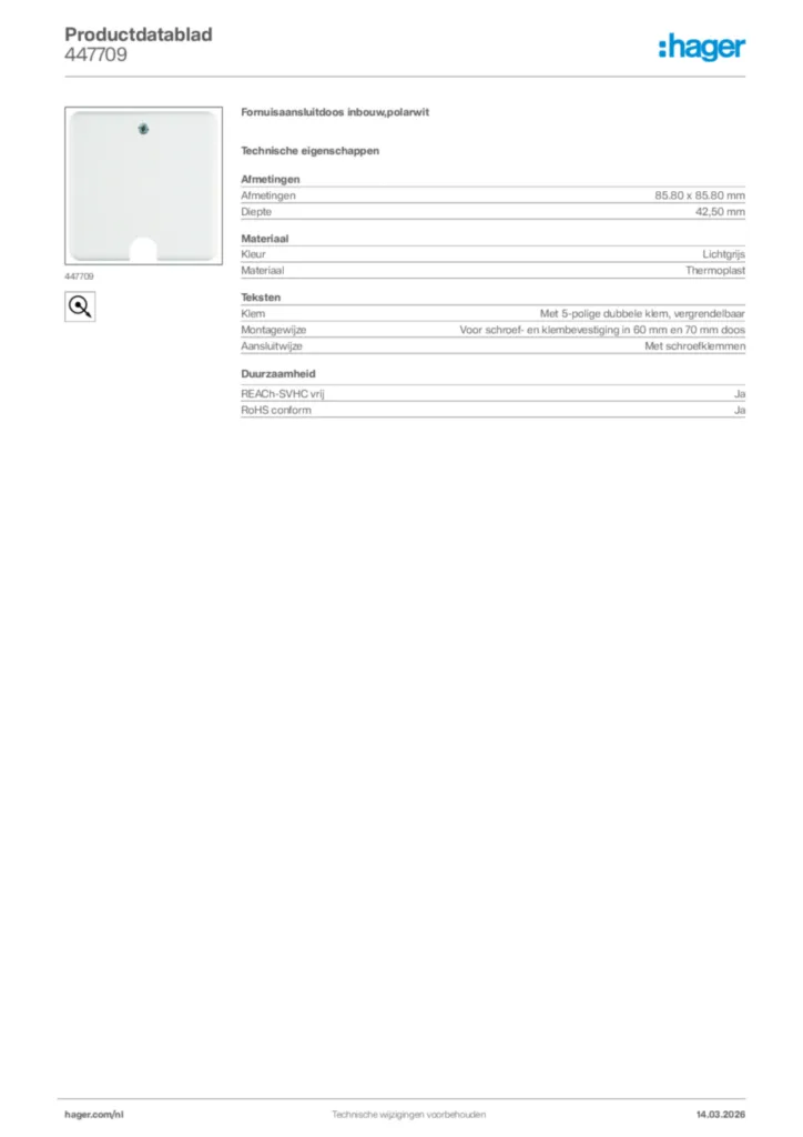 Afbeelding Hager Productdatablad 447709 | Hager Nederland