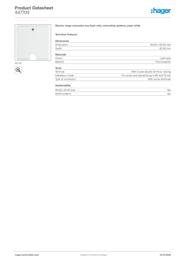 Image Hager Product data sheet 447709  | Hager