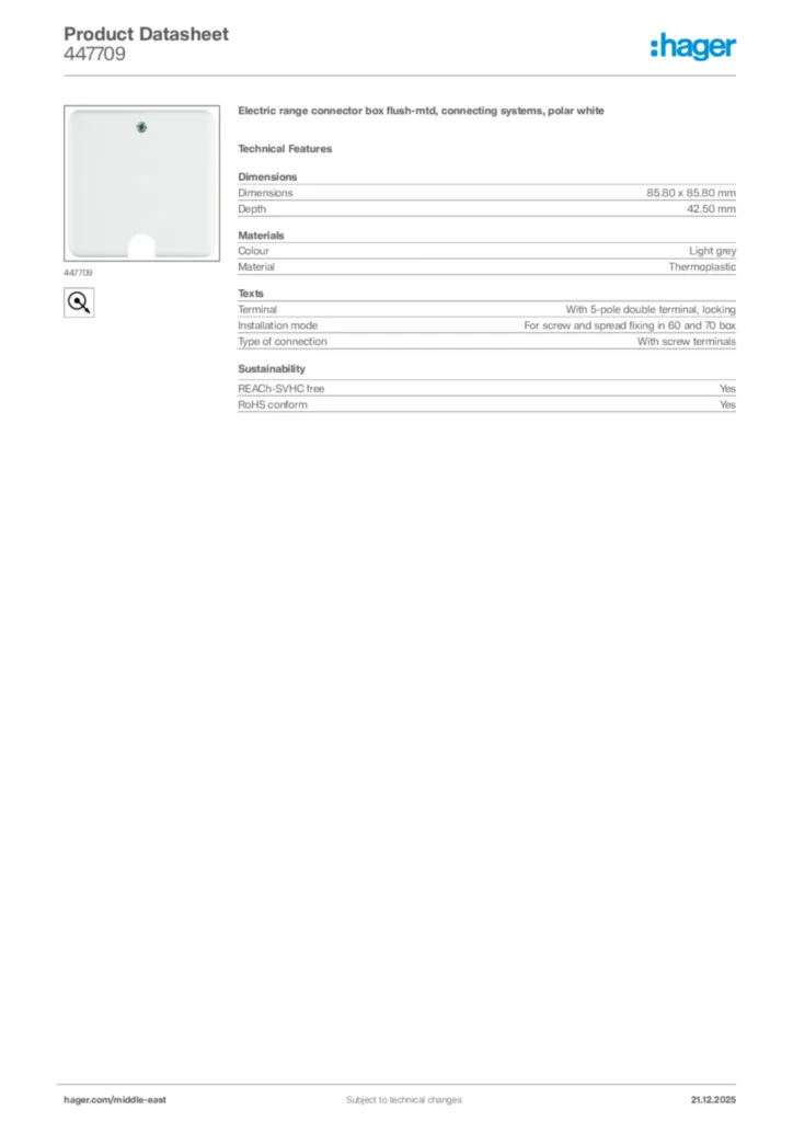 Image Hager Product data sheet 447709  | Hager