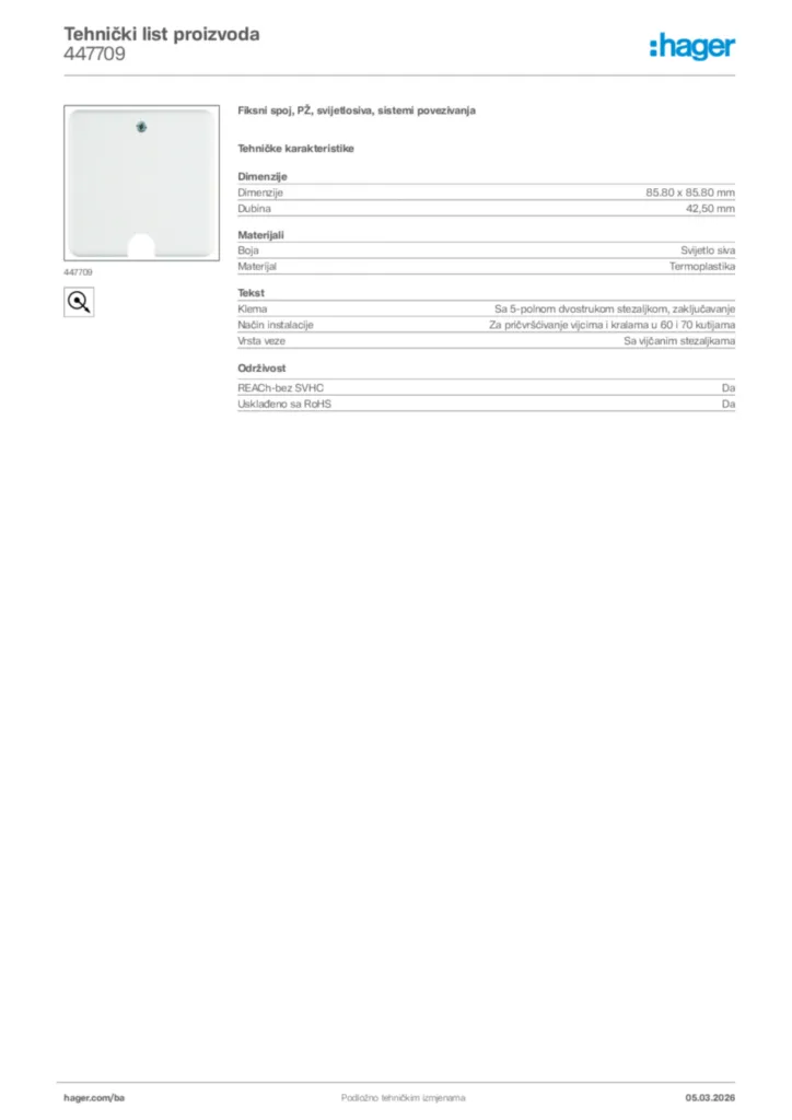 Slika Hager Tehnički list proizvoda 447709  | Hager