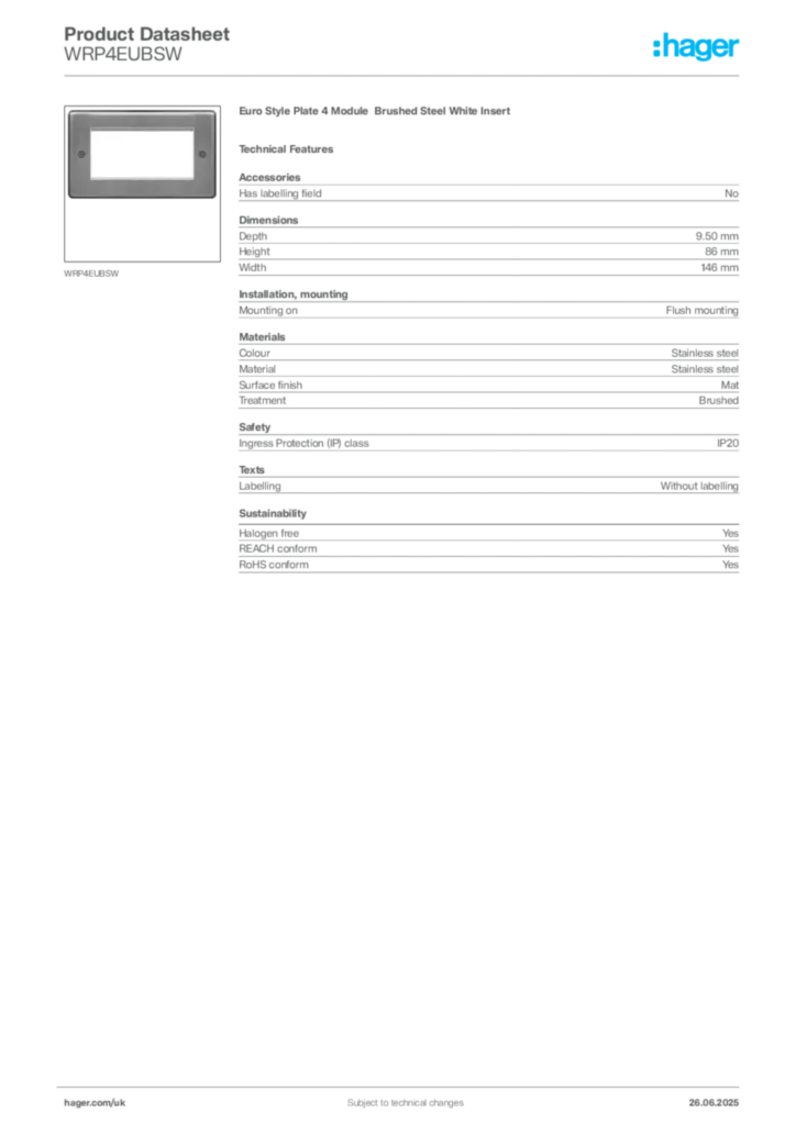 Image Hager Product data sheet WRP4EUBSW  | Hager