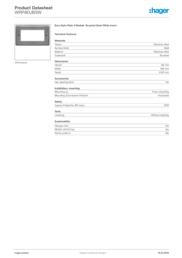 Image Hager Product data sheet WRP4EUBSW  | Hager