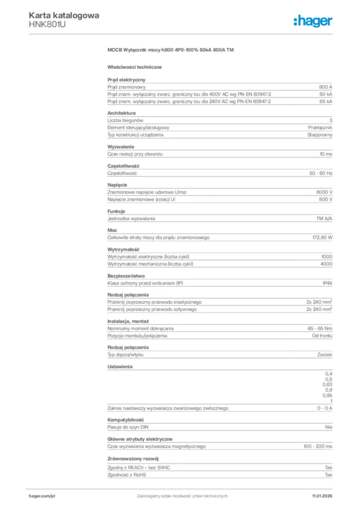 Zdjęcie Hager Karta katalogowa HNK801U | Hager Polska