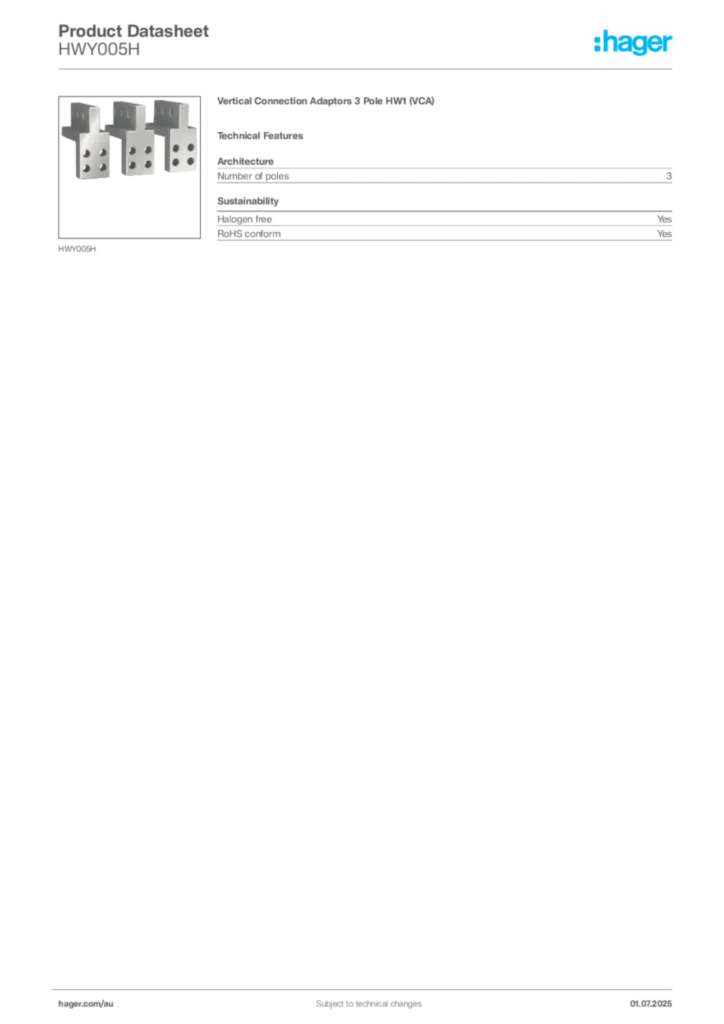 Image Hager Product data sheet HWY005H  | Hager Australia