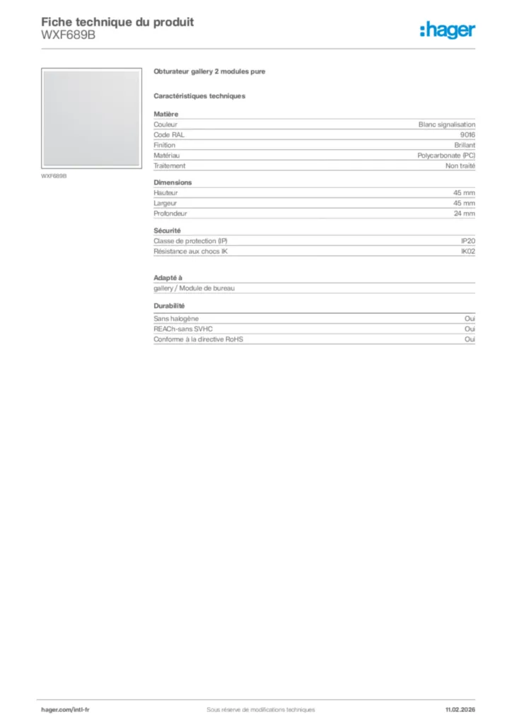Image Hager Fiche technique du produit WXF689B | Hager Afrique