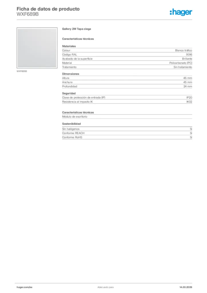 Imagen Hager Ficha de datos de producto WXF689B | Hager España
