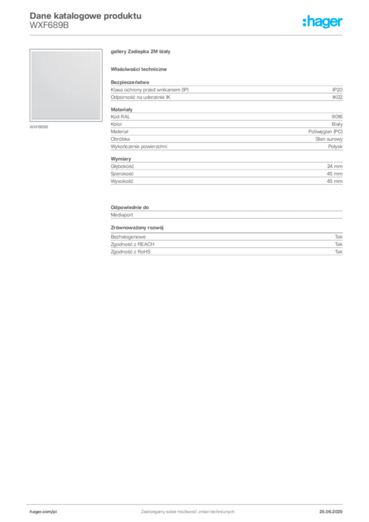 Zdjęcie Hager Dane katalogowe produktu WXF689B | Hager Polska