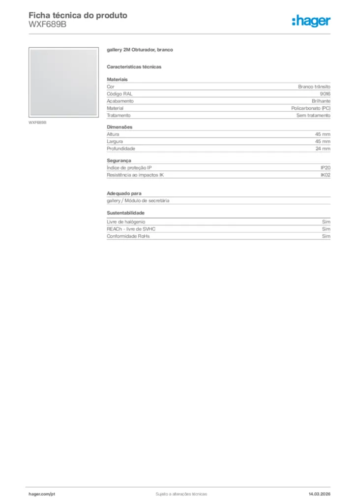 Imagem Hager Ficha técnica do produto WXF689B | Hager Portugal