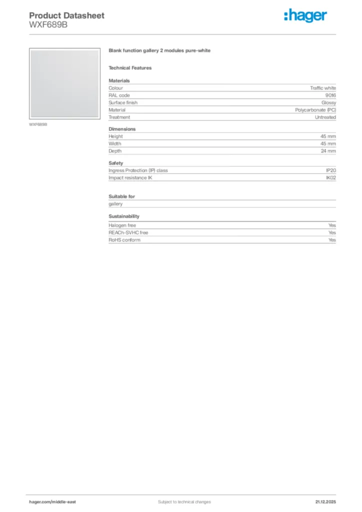 Image Hager Product data sheet WXF689B  | Hager