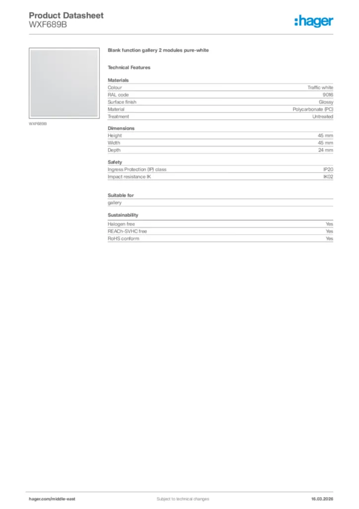 Image Hager Product data sheet WXF689B  | Hager
