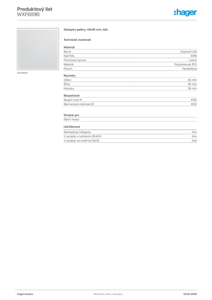 Obrázek Hager Product data sheet WXF689B | Hager