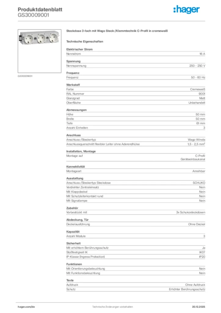 Bild Hager Produktdatenblatt GS30009001 | Hager Deutschland