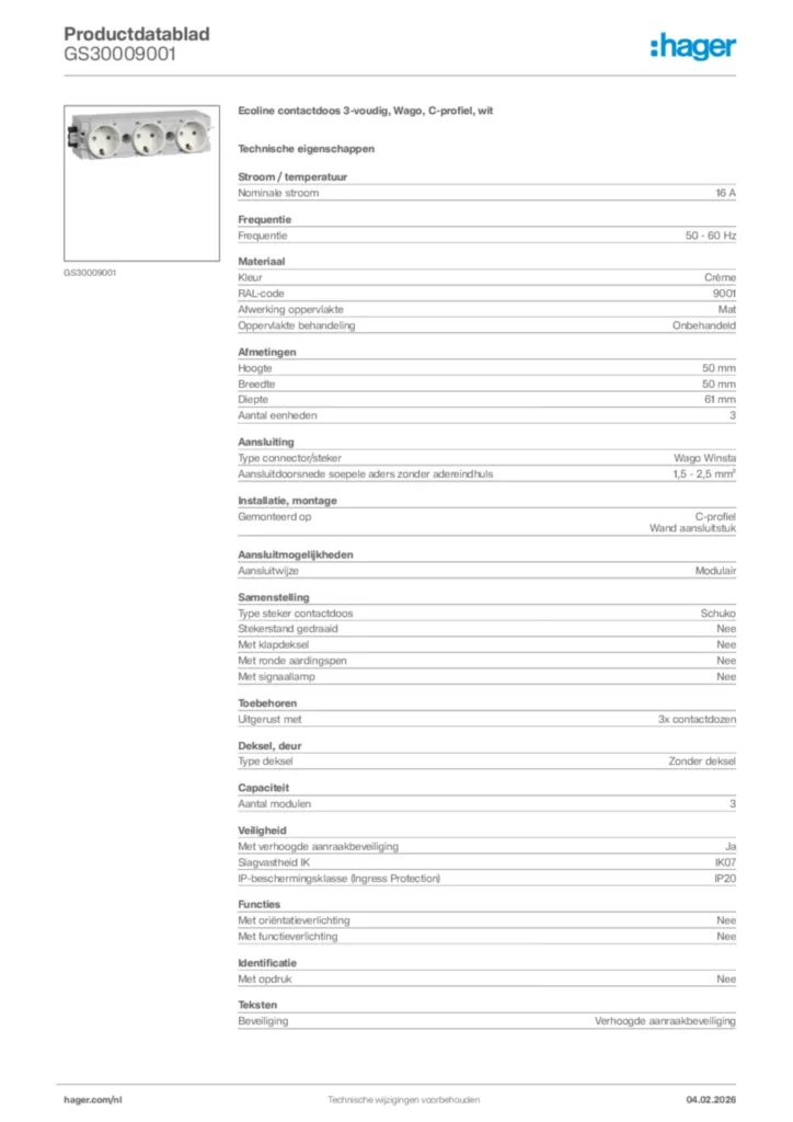 Afbeelding Hager Productdatablad GS30009001 | Hager Nederland