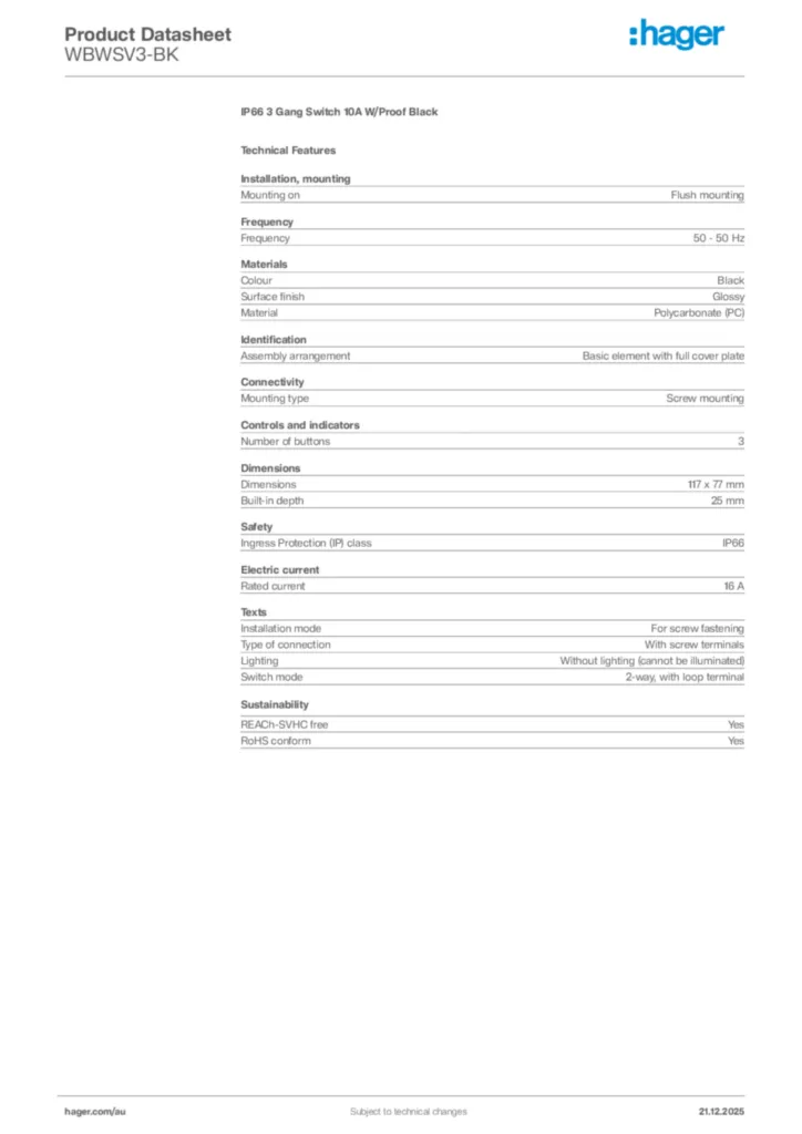 Image Hager Product data sheet WBWSV3-BK  | Hager Australia