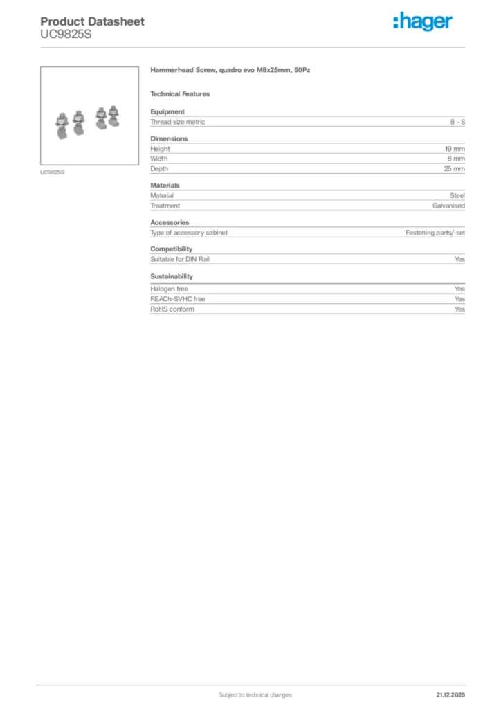 Image Hager Product data sheet UC9825S  | Hager Africa
