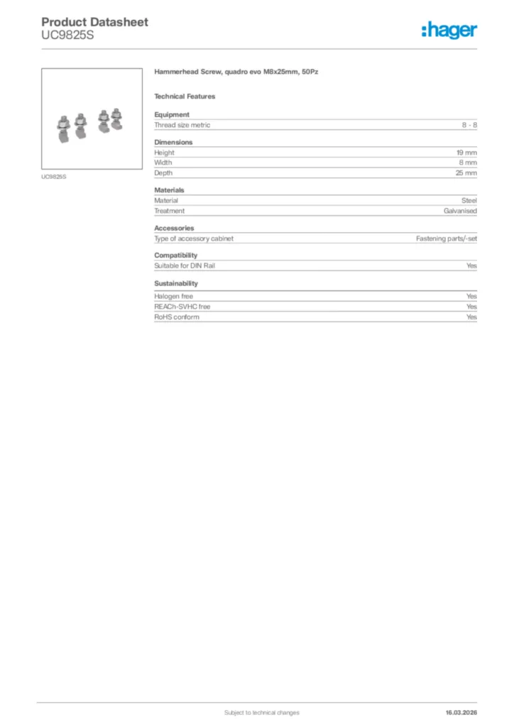 Image Hager Product data sheet UC9825S  | Hager Africa