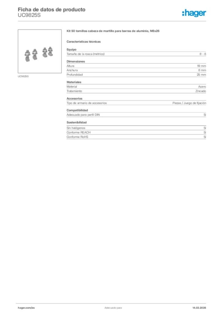 Imagen Hager Ficha de datos de producto UC9825S | Hager España