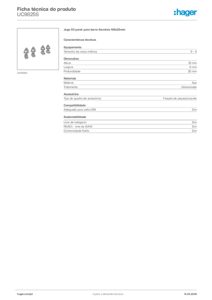 Imagem Hager Ficha técnica do produto UC9825S | Hager Portugal