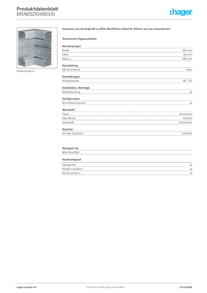 Bild Hager Produktdatenblatt BRA652104BELN | Hager Schweiz