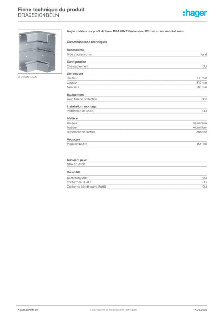 Image Hager Fiche technique du produit BRA652104BELN | Hager Suisse