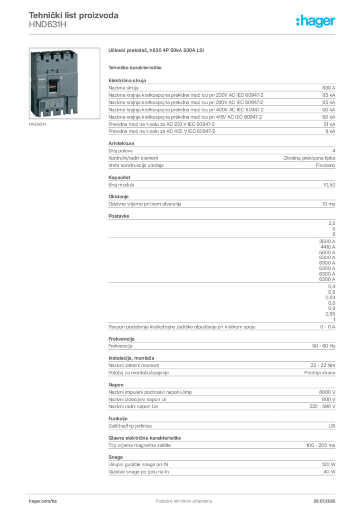 Slika Hager Product data sheet HND631H  | Hager