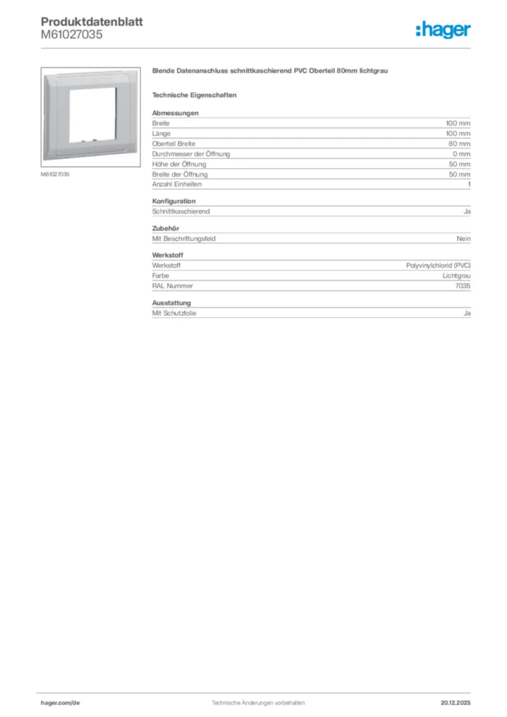 Bild Hager Produktdatenblatt M61027035 | Hager Deutschland