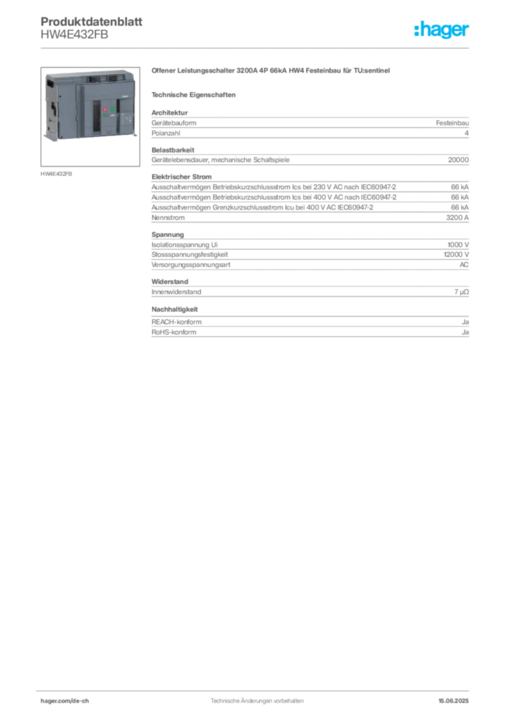 Bild Hager Produktdatenblatt HW4E432FB | Hager Schweiz