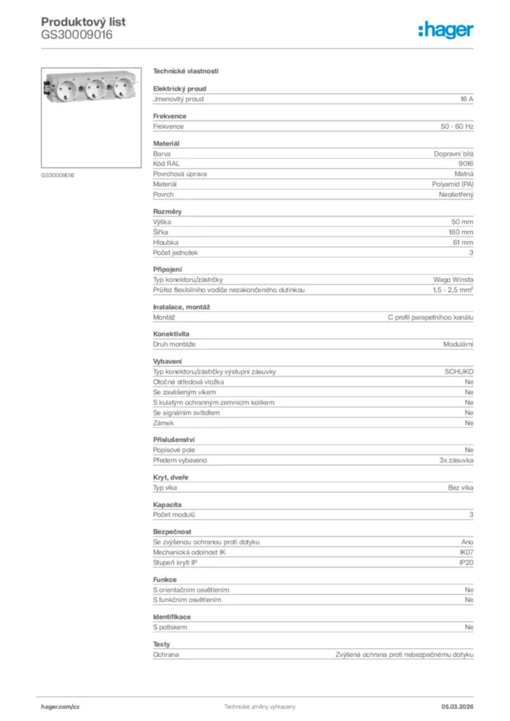 Obrázek Hager Product data sheet GS30009016 | Hager